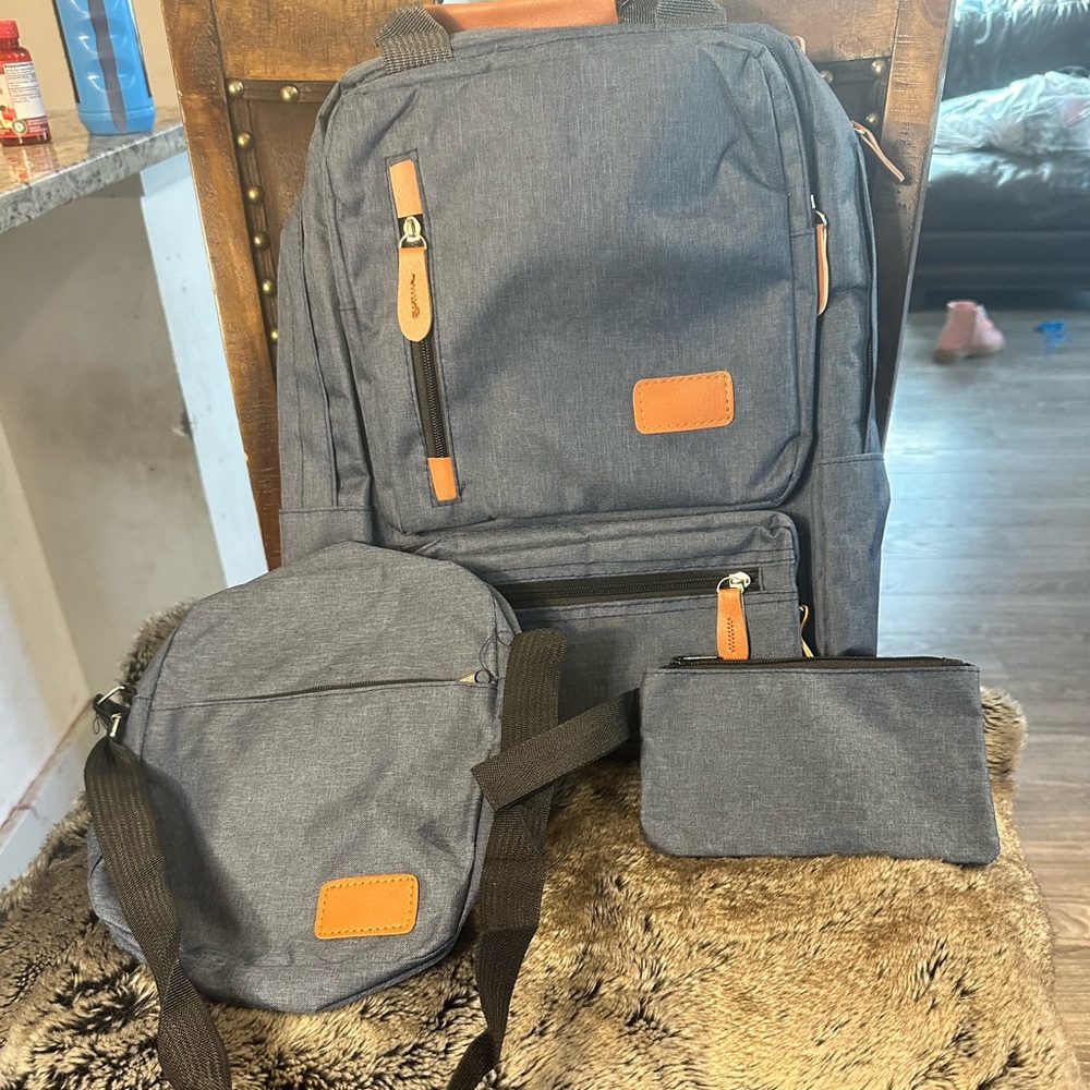 NWOT 3 Piece Gray Laptop School bag Top Handle Back Pack